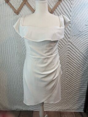 White-ish Off the Shoulder Ruffle ruched Sheath Dress